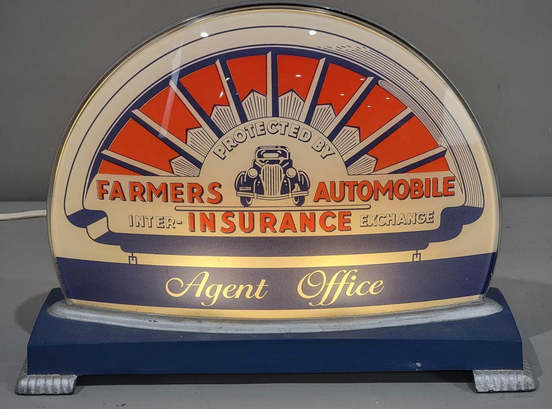 Farmers Automobile Insurance Agent Office w/Car Image Lighted Sign: rated 9, 11.5"x15"x5", the curved glass lens is mounted in a cast iron base, reverse lens is frosted, lights up and looks great. Has a new cord.