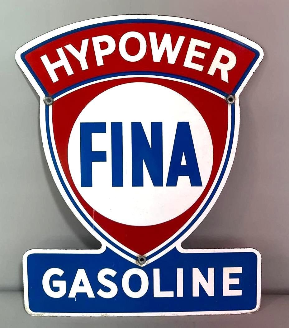 Super Fina Gasoline Porcelain Pump Sign (TAC): rated 9, 13.5"x10.5", The SSP die-cut sign has excellent color and gloss. Rarity 2. TAC #061377