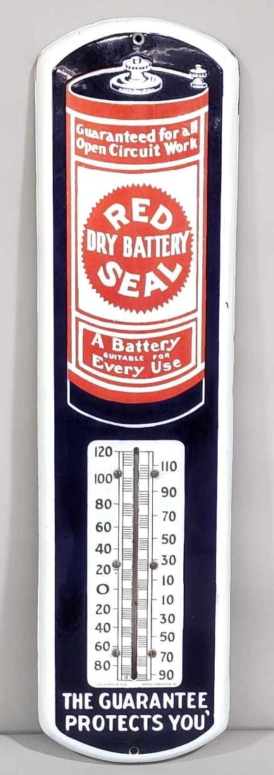 Red Seal Dry Battery Porcelain Thermometer (TAC): rated 9, 27"x7", the SSP embossed thermometer has good color and gloss. The bottom mounting holes is touched up.Working tube. Marked, "Beach." Rarity 2. TAC #061430