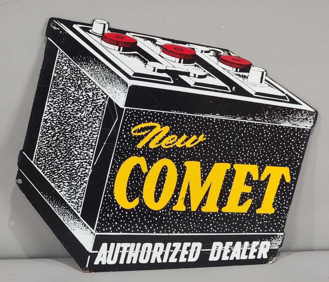New Comet (battery) Authorized Dealer Metal Sign (TAC): rated 8.25, 15.5"x17", the SST diecut sign has good color and shine, has wear and fine scratches in the field. Rarity 6. TAC #063293