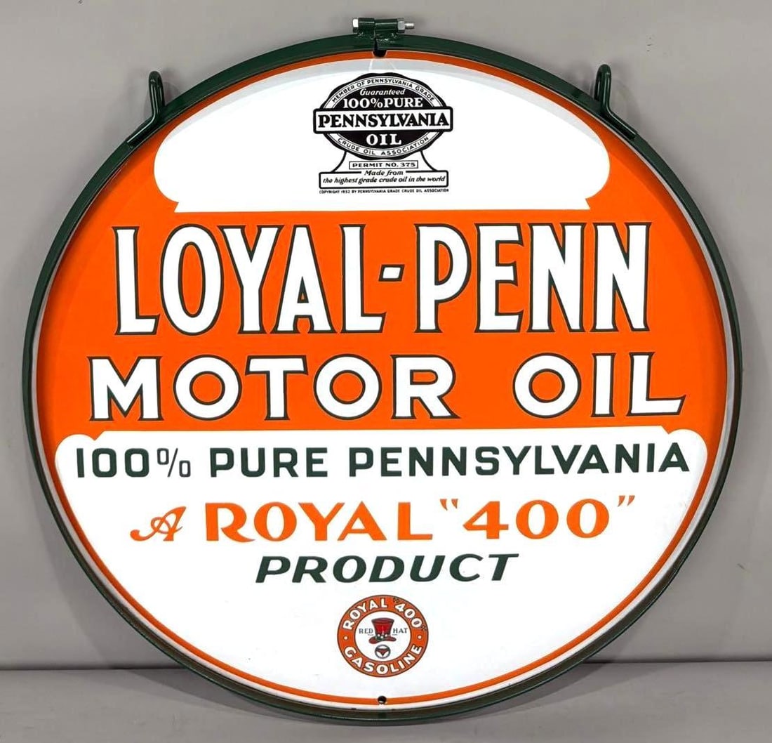 "MINT!" Loyal-Penn Motor Oil "A Royal 400 Product" w/Logo Porcelain Sign (TAC): rated 9.75, 28"D., the DSP sign has excellent color and gloss, fields are a clean, has a few tiny edge chips, marked Veribrite. Rarity 9. TAC #036939