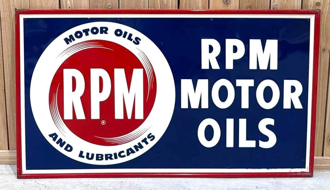 RPM Motor Oils w/Logo Metal Sign (TAC): rated 9, 32"x56', the SST embossed sign has excellent color and shine, has some light wear in the fields, marked Stout. Rarity 6. TAC #063725