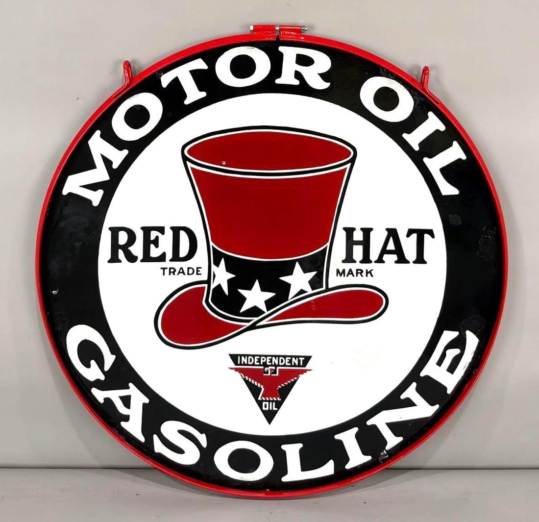 32" Red Hat Motor Oil Gasoline Porcelain Sign (TAC) (1 of 5)