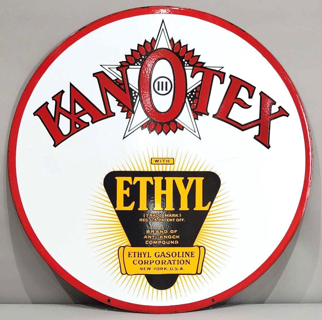 "SUPERB!" Kanotex w/Ethyl Logo Porcelain Sign (30)(TAC): rated 9.75 & 9, 30"D., the DSP sign has excellent color and gloss, display is nice, reverse has small bruise in the right-hand field. Rarity 4. TAC #063321