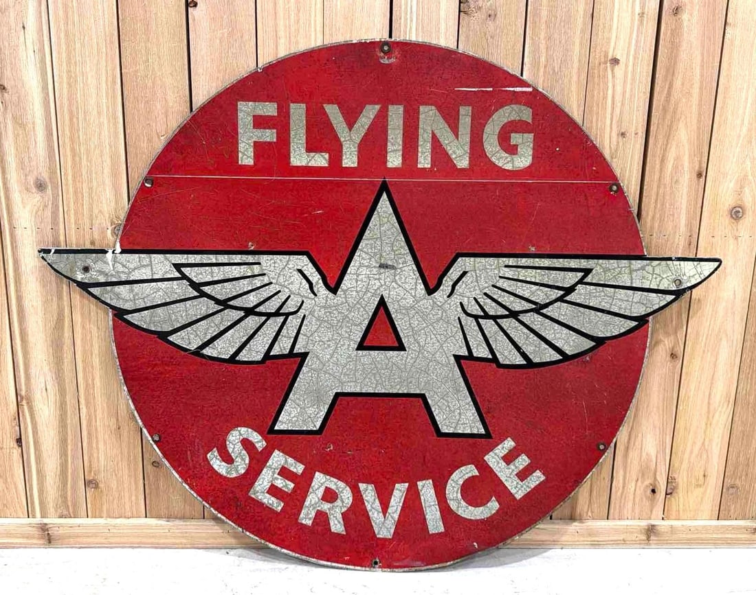 Flying A Service w/Logo Metal Sign (TAC): rated 7, 48"x60", the SST decal sign has wear, soiling and crackling. Rarity 8. TAC #063669