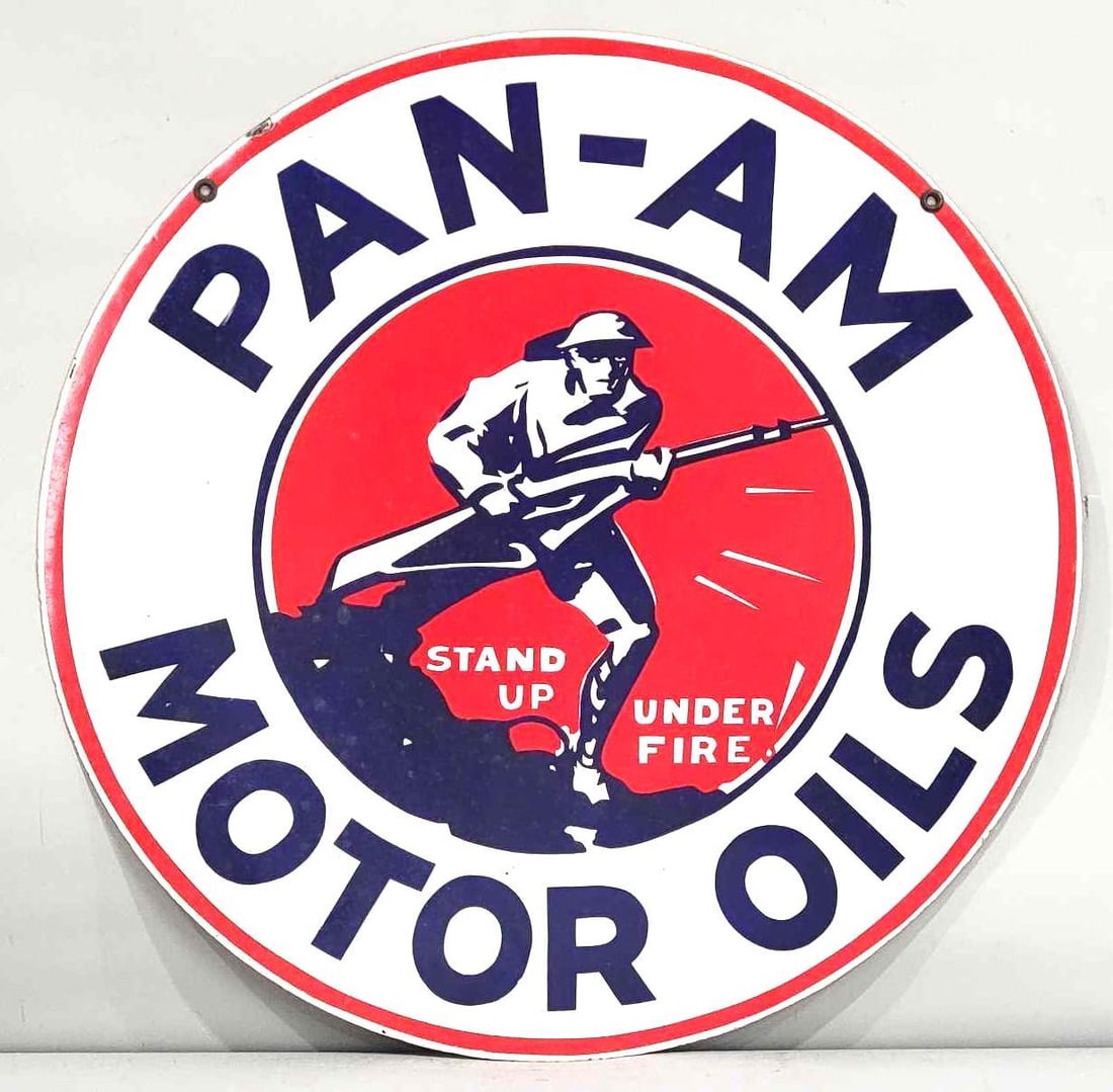 Pan-Am Motor Oils "Stand Up Under Fire!" Porcelain Sign (TAC): rated 5 & Restored, 30"D., the DSP sign display has large chips and heavy wear, reverse has been restored. Rarity 8. TAC #032496