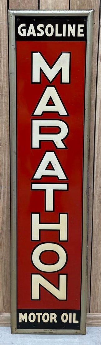 Marathon Gasoline Motor Oil Metal Sign (TAC): rated 8.5, 66"x15.75", the SST embossed vertical sign has very good color and shine, has light wear and few fine scratches, wear and rust around the perimeter, marked Enamel Steel Sign Co. Rarity 6. T
