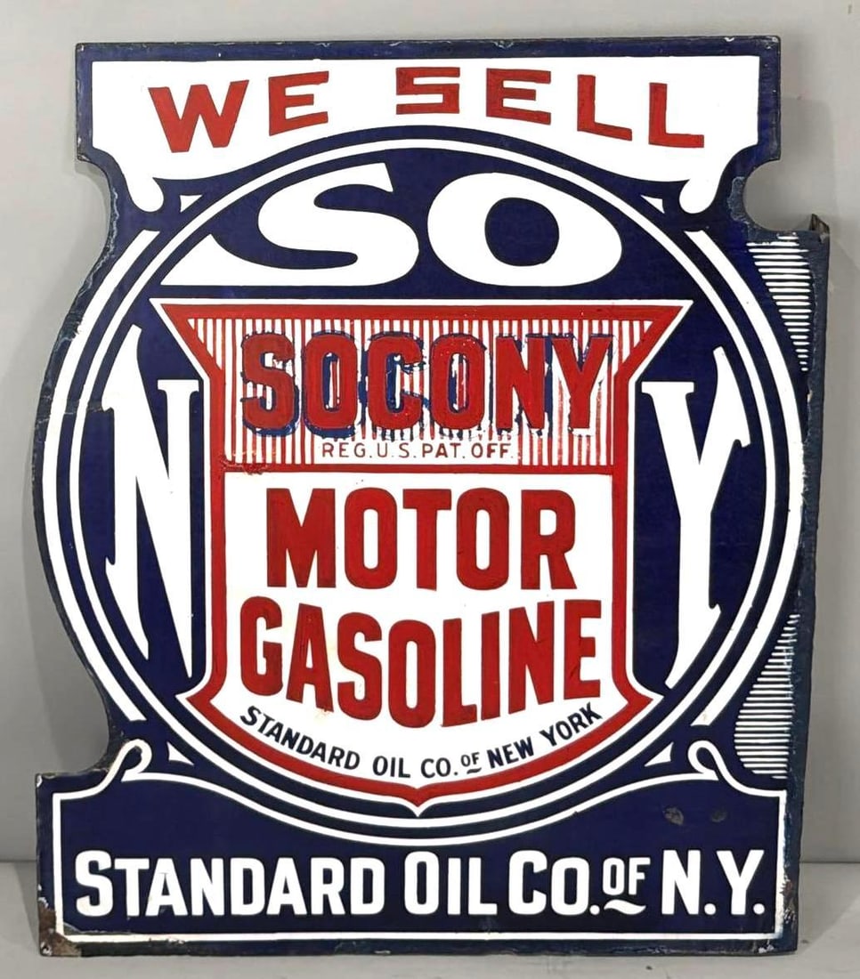 Rare Socony Motor Gasoline w/Red Stripes Porcelain Flange Sign (TAC): rated 7.5, 24"x20", the diecut porcelain flange sign has heavy wear and small chips. Rarity 8. TAC #063844