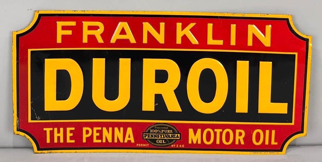 Franklin Duroil "The Penna Motor Oil" Metal Tacker Sign (TAC): rated 8.9, 11.5"x23.5", the SST embossed sign has excellent color and shine, has a few small fine scratches, wear around the perimeter, marked Robertson. Rarity 6. TAC #036942
