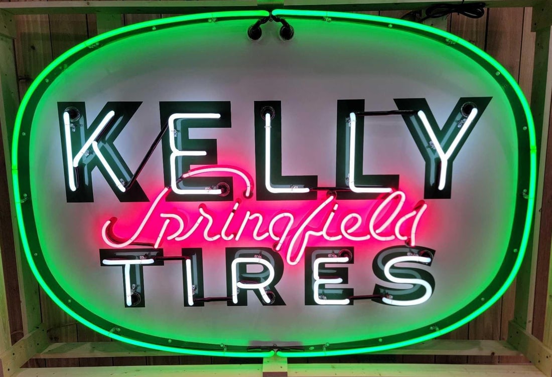 Large Kelly Springfield Tires Metal Sign w/Neon Added (TAC): rated 9, 48"x72"x10", the SST sign has excellent color and shine, the neon has been added with new metal can, crated. Rarity 3. TAC #036615