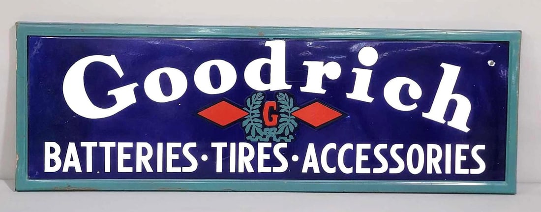 Goodrich w/Logo Batteries-Tires-Accessories Porcelain Sign (TAC): rated 8.9, 19.75"x60". This SSP rolled edge sign has excellent color and gloss. Sign has a couple tiny chips and a few fine scratches. Rarity 5. TAC #061762