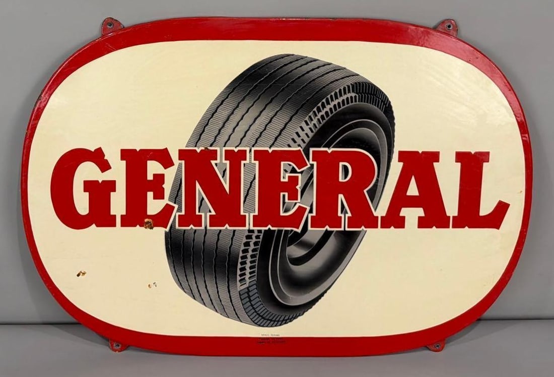 General w/Tire Image Porcelain Sign (TAC): rated 8.5, 23"x33.5", the SSP rolled edge sign has good color and gloss, has wear and small chips in the left-hand edge, marked Emrec Eemnes. TAC #063627