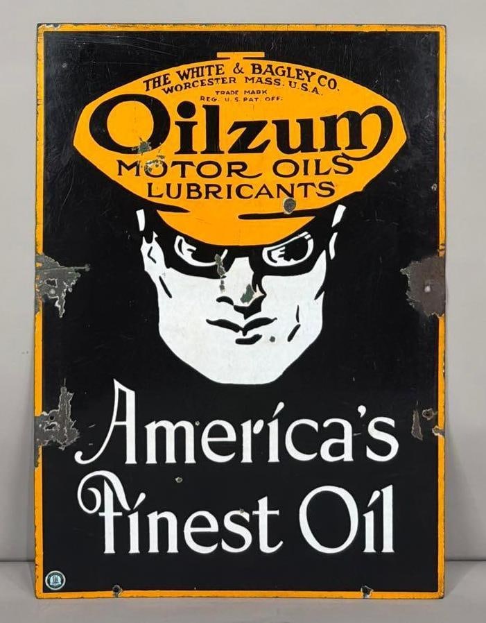 Oilzum Motor Oil "America's Finest Oil" w/Logo Porcelain Sign (TAC): rated 7.75, 27.75"x19.75", the DSP sign has good color and some gloss, has chips in the field and around the perimeter, has wear. Rarity 6. TAC #063772