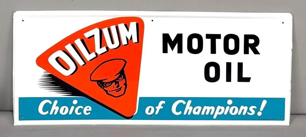 Oilzum Motor Oil "Choice of Champions" w/Logo Metal Sign (TAC): rated 9.75, 14.75"x35.75", the SST embossed sign has excellent color and shine, nice, marked A-M, dated 1984. Rarity 4. TAC #063773