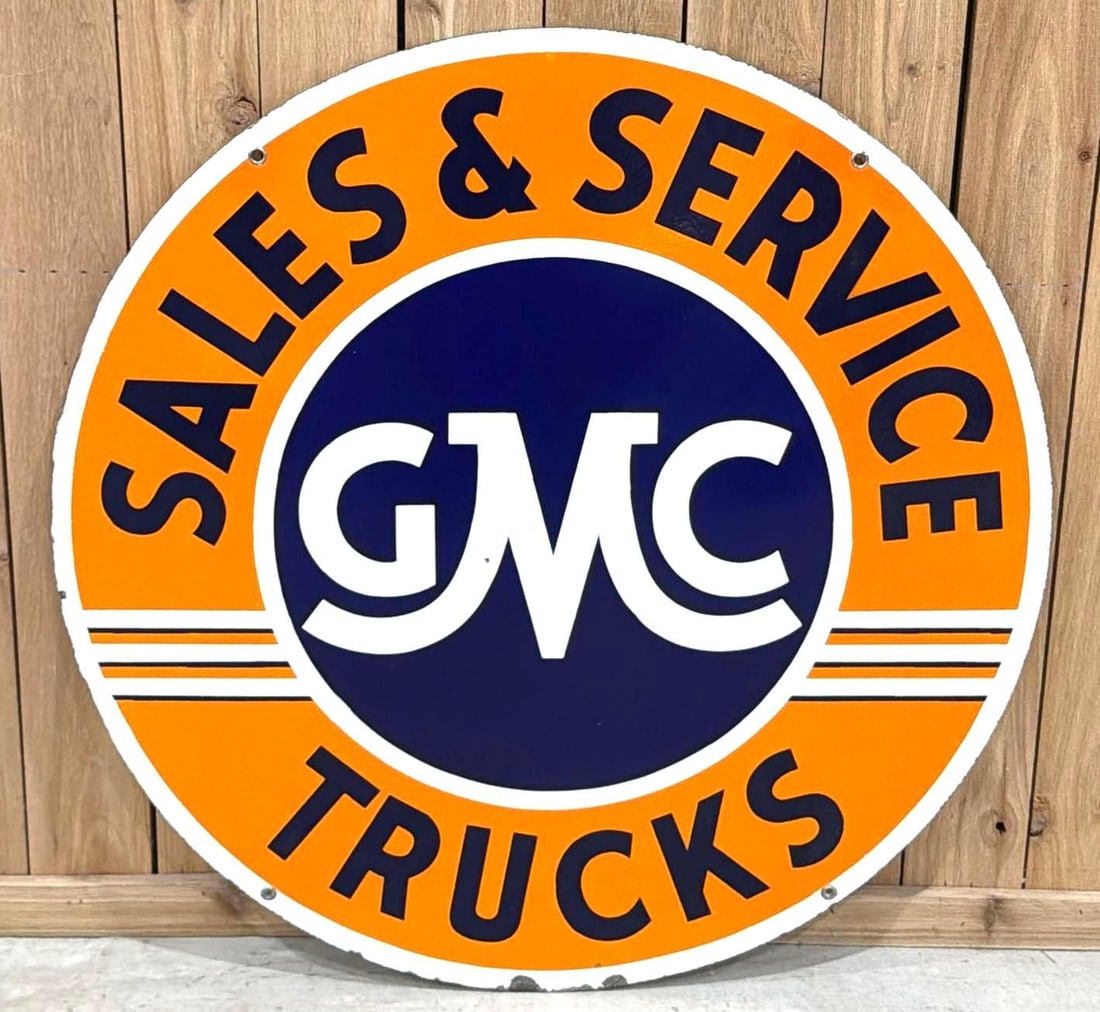 GMC Trucks Sales & Service Porcelain Sign (TAC): rated 9c, 42"D., the DSP sign has very good color and gloss, display field is clean, has half-dollar size chip in lower field, reverse has tiny chip in the field, marked Walker & Co. Detroit. Rarity 5