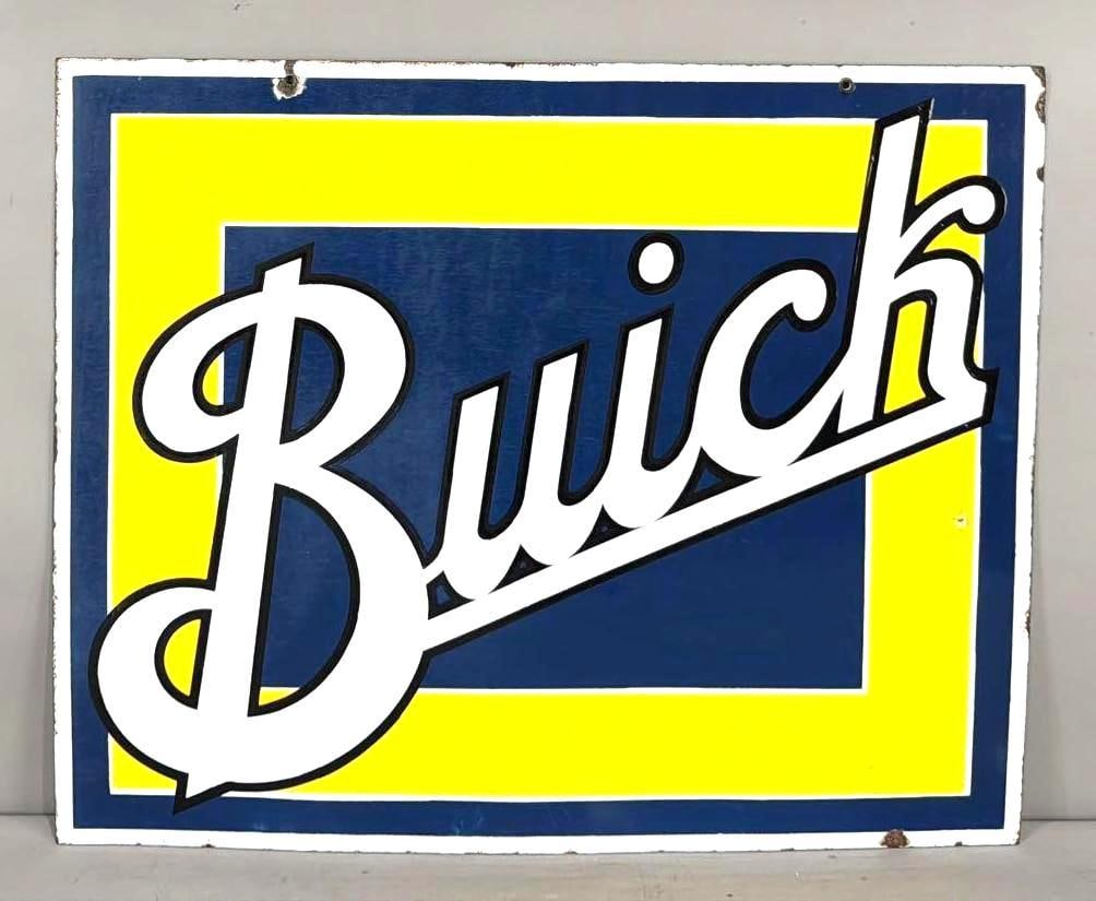 Buick Porcelain Sign (TAC): rated 8.9 & 8.75, 25.5"x31.5", the DSP sign has good color and gloss, display has small chips and light wear, marked. Rarity 7. TAC #063847