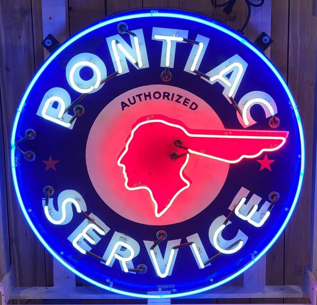 Pontiac Authorized Service w/Full Feather & Stars Porcelain Sign w/Neon Added (1 of 6)