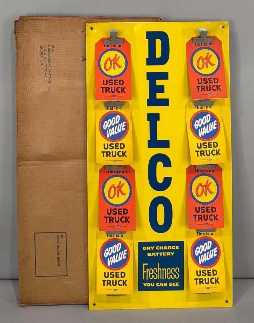 Delco Dry Charge Battery Metal Clip Board w/Ok Used Car & Truck Tags (TAC): rated 9.5, 32"x16", the SST clip sign has excellent color and shine, nice, NIB. Rarity 4. TAC #063766