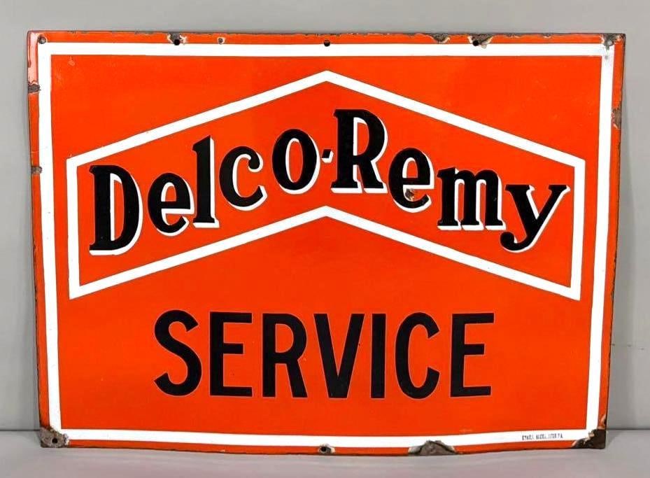 Delco-Remy Service Porcelain Sign (TAC): rated 8.75, 23.5"x31.5", the SSP sign has excellent color and gloss, has small chip in the field and around the perimeter, marked Email Kokkerberg S.A. TAC #063624