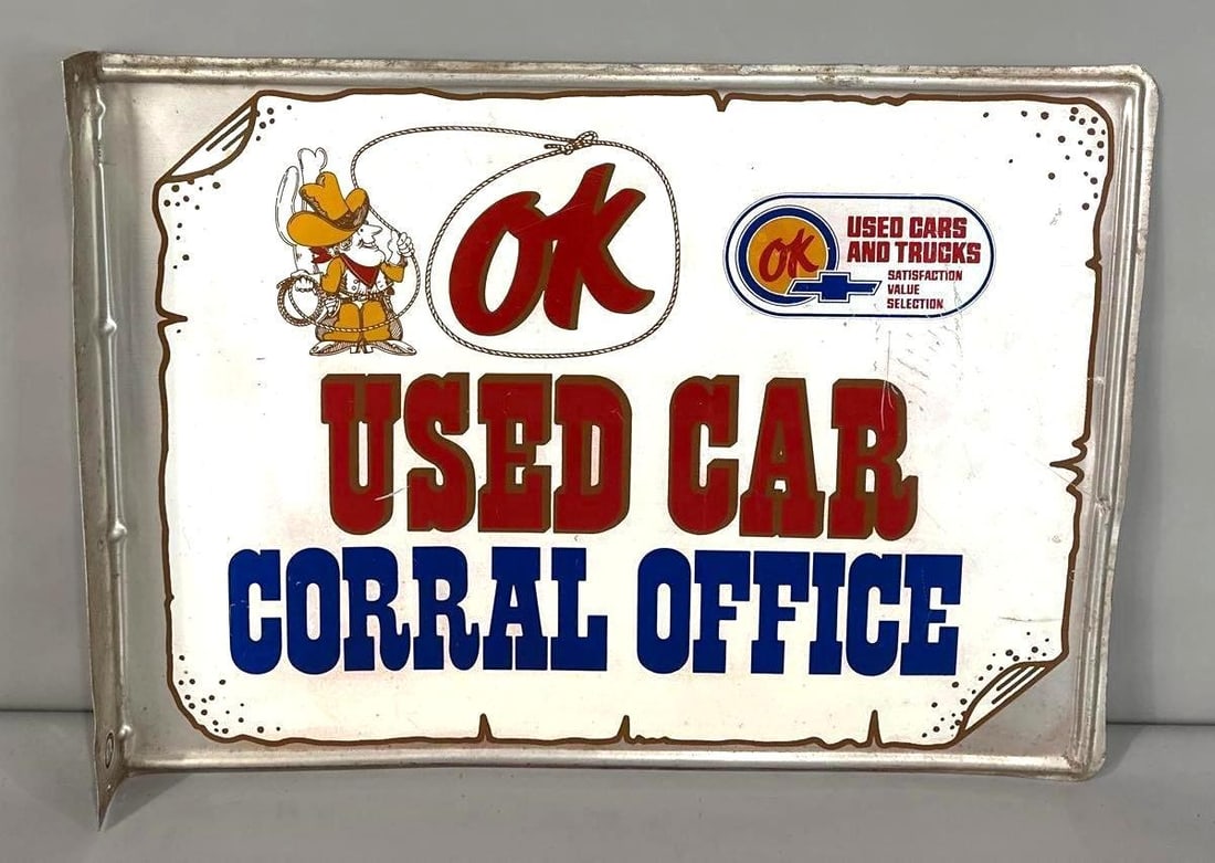 Chevrolet OK Used Car Corral Flange Sign W/ Cartoon Cowboy Graphic (1 of 4)