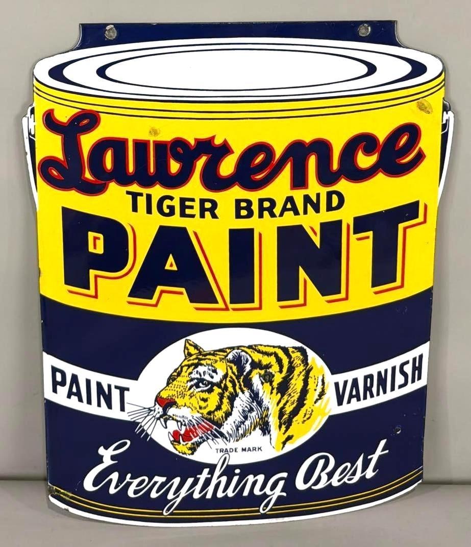 Lawrence Tiger Brand Paint w/Image Porcelain Sign (TAC): rated 8.9, 23.25"x18", the DSP diecut sign has very good color and gloss, has a few small chip in the field, has damage at the lower right-hand corner. Rarity 5. TAC #036905