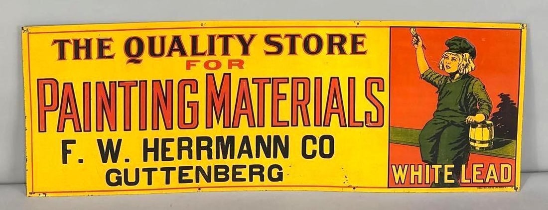 White Lead Paint Embossed Tin Sign W/ Dutch Boy Graphic: (Rated 8.9). 9.75" x 27.75". This SST sign has good color and gloss with minor paint loss on the outer field and outer edge. Marked, "Pasaic Metal Ware Co." Rarity 3. TAC # 062178.