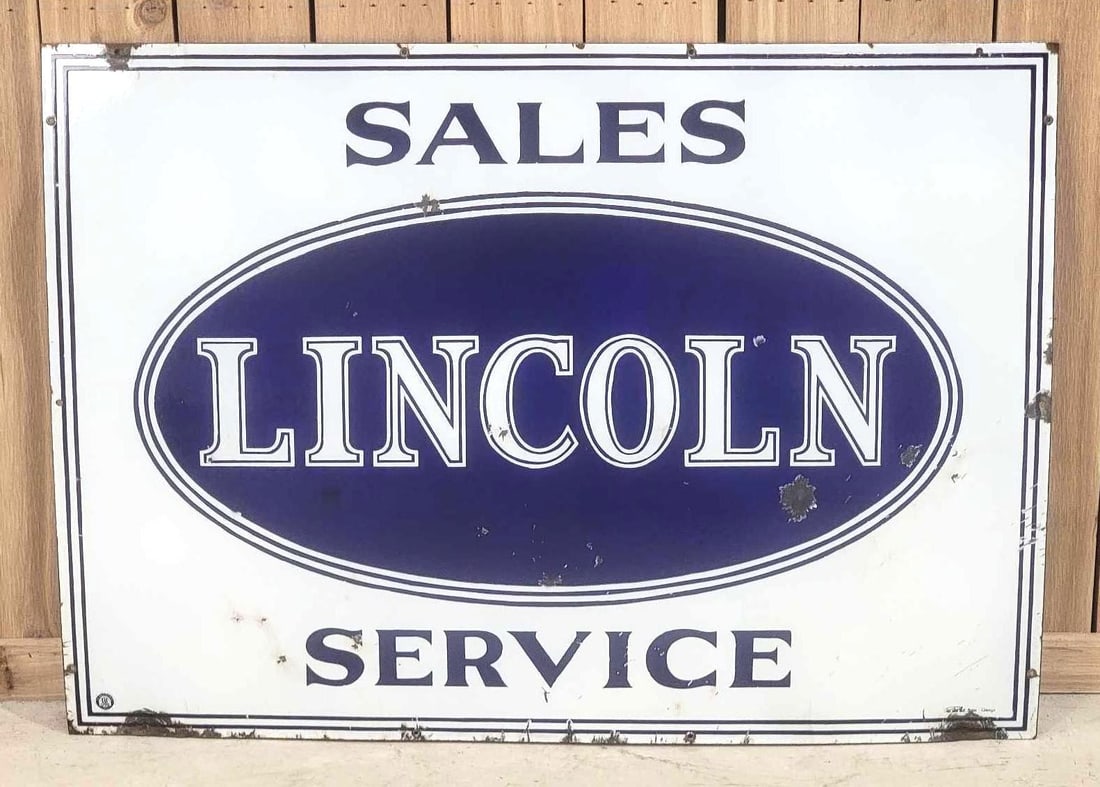 Lincoln Sales Service Porcelain Sign (TAC): rated 8.25, 30"x42", the SSP sign has excellent color and gloss, has small chips and bruises in the field, chips at some of the mounting holes. Rarity 7. #063379