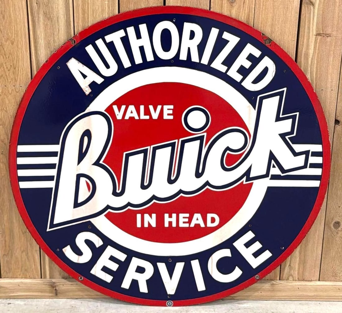 Buick Valve-in-Head Authorized Service Porcelain Sign (Large B)(TAC): rated 8, 42"D., the DSP sign has light staining in the white, excellent color and gloss, nice 42" dealership sign with great colors, Rarity 4. TAC #063834