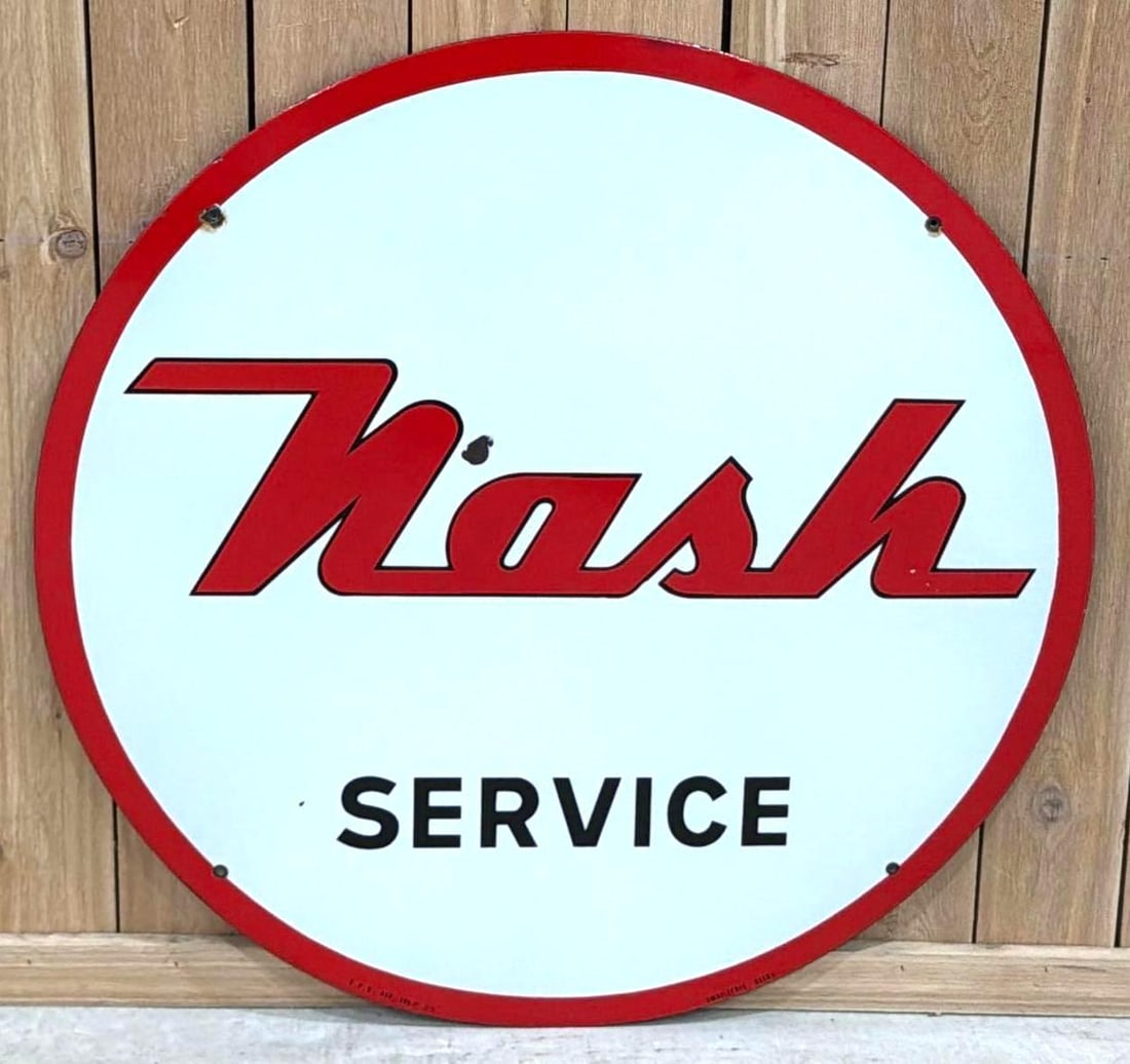 Nash Service Porcelain Sign (TAC): rated 8.9, 39.25"D., the SSP sign has excellent color and gloss, has one quarter size chip in the field, marked. TAC #063853