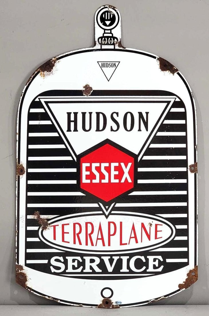Hudson Essex Terraplane Service Porcelain Sign (TAC): rated 8.25, 30"x18.25", the SSP radiator-shaped sign has good color and gloss, has chips and stress lines in the lower field and at the neck, chips around the perimeter. Rarity 7. TAC #032438