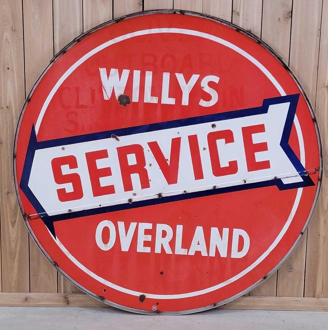 Willys Overland Service Porcelain Dealership Sign (TAC): rated 7.5 & 7, 60"D., the 2-piece DSP sign has good color, no gloss, display has wear chips and staining, reverse has more, mounted in original metal ring. Rarity 9. TAC #063345