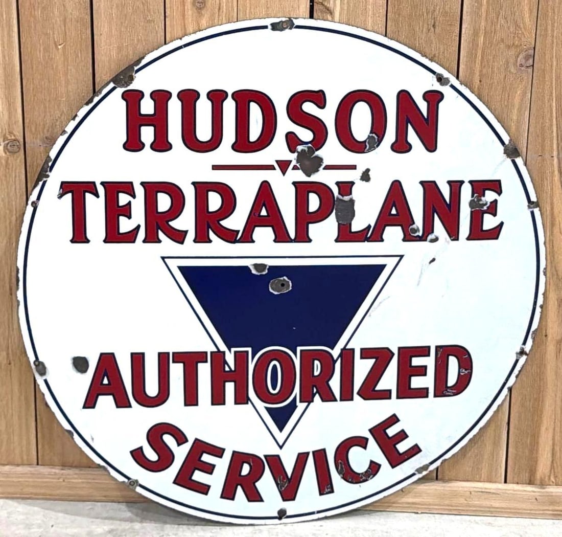 Hudson Terraplane Authorized Service Porcelain Sign (TAC): rated 7.75, 42"D., the SSP sign has good color and gloss, has chips and hole in the field, has ceases, has chips around the perimeter. Raity 6. TAC #063817
