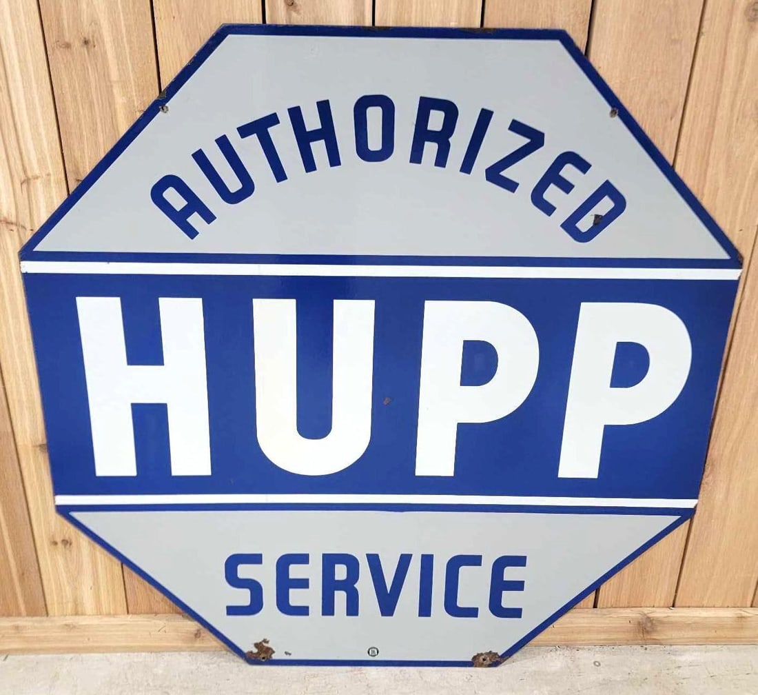 Hupp Authorized Service Porcelain Sign (TAC): rated 8.9, 42"x42", the DSP die-cut sign has excellent color and gloss, has small chips. Rarity 6. TAC #063386