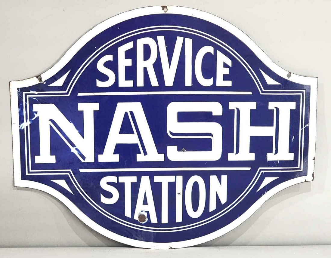 Nash Service Station Porcelain Sign (TAC): rated 7.5 & 6.75, 24"x33.5", the DSP die-cut sign has good color and some gloss, display has small chips and blue is sightly milky, reverse has large chips and damage, marked Burdick. Rarity 7. TAC #0