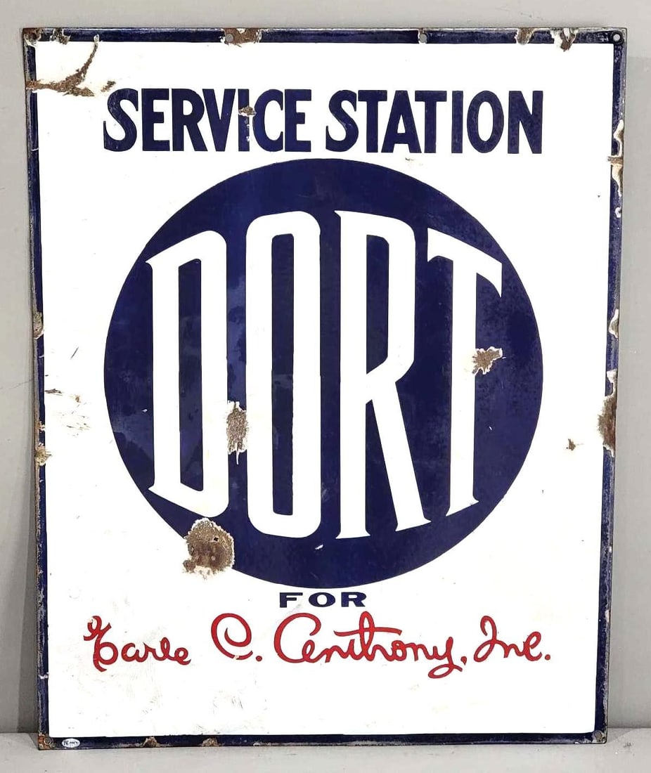 Dort Service Station for Earle C. Anthony Porcelain Sign (TAC): rated 7.5, 30"x24", the SSP sign has good color and some gloss, has large chips, stress lines and wear. Rarity 8. TAC #036618