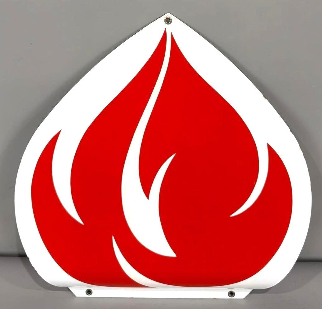 "PERFECT!" (Standard) Diecut Porcelain Flame for Identification Sign (TAC): rated 9.75, 16"x15.75", the SSP diecut curved sign has excellent color and gloss, nice. Rarity 5. TAC #063678