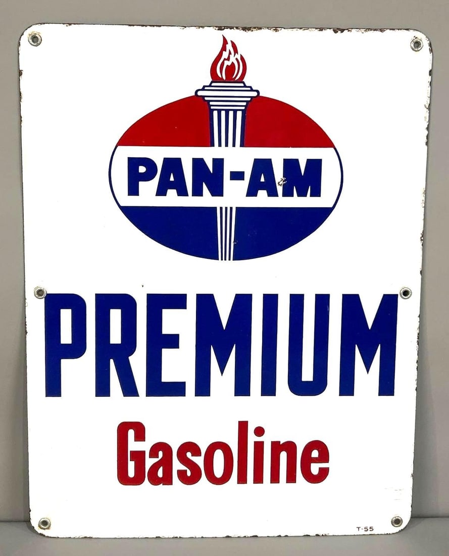 Pan-AM Premium Gasoline Porcelain Pump Plate Sign: Rated 8.9. 13" x 17". This SSP sign has good color and gloss with a minor porcelain chip in the field, as well as, more significant loss on the outer edge. Rarity 2. TAC # 062044