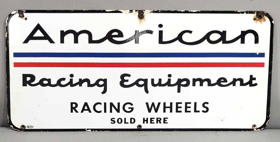 American Racing Equipment Racing Wheels Sold Here Porcelain Sign (TAC): rated 8.25, 12"x26.25", the SSP sign has good color and gloss, has wear in the field and chips around the perimeter. Rarity 5. TAC #032472