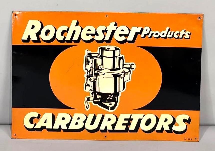 Rochester Products Carburetors w/Image Metal Sign NIB (TAC): rated 9, 13.5"x19.5", the SST sign has good color and shine, field is clean, has wear around the perimeter. Rarity 4. TAC #063698