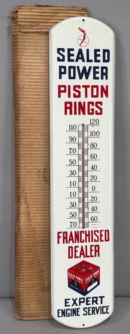 Sealed Power Piston Rings Franchised Dealer Metal Thermometer NIB (TAC): rated 9, 36"x8", the embossed metal thermometer has good color and shine, tube is good, has minor wear along the left-hand edge, is NIB. Rarity 4. TAC #063685