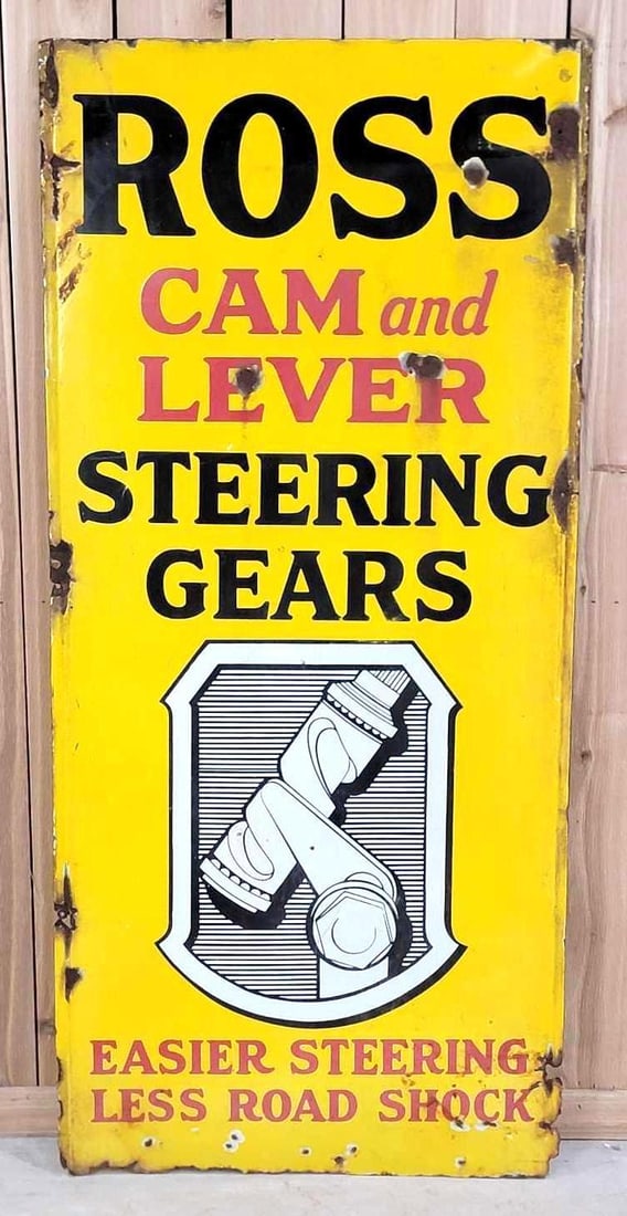 Ross Cam & Lever Steering Gears w/Image Porcelain Lighthouse Sign (TAC): rated 7.5, 60"x27.5", the SSP sign has good and some gloss, ahs chips and rust staining, chips and damage around the perimeter, nail holes. Rarity 8. TAC #063335