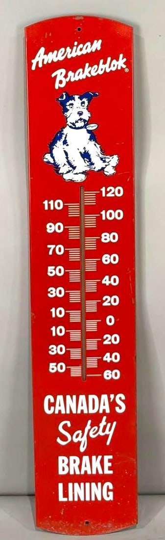 American Brakeblok Brake Lining Metal Thermometer (TAC): rated 8.5, 36"x7", the metal thermometer has good color and shine, tube is good, has wear in the lower field and bottom edge. Rarity 6. TAC #400989