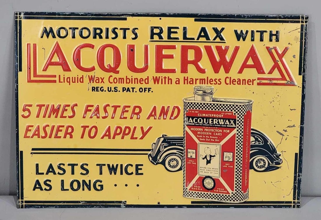 Lacquerwax w/Car & Can Image Metal Sign (TAC): rated 8, 13.5"x19.5", the SST embossed sign has good color and shine, has wear and fine scratches. Rarity 5. TAC #063282