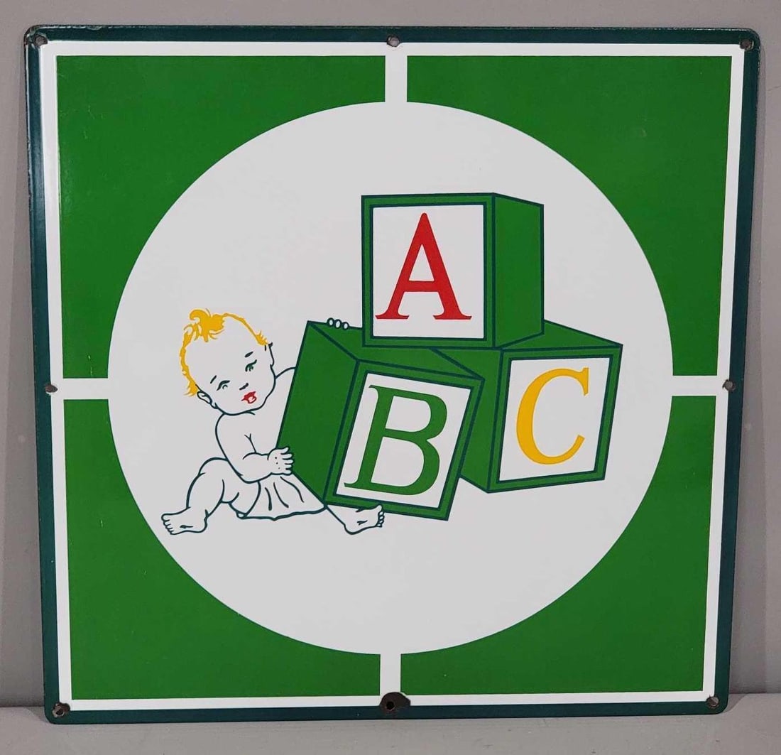 ABC Block w/Baby Porcelain Sign (TAC): rated 9, 18"x18", the SSP sign has very good color and gloss, field is clean, a small chips at a few mounting holes. TAC #063249