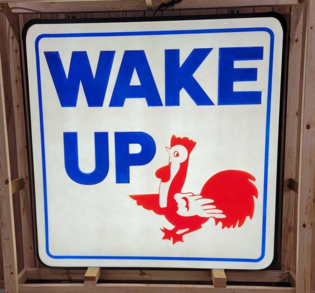 Large Wake Up (Gas Station) w/Rooster Logo Plastic Lighted Sign (TAC): rated 9, 72"x72"x12", the molded plastic light sign has very good color, has light marks, is mounted on a new metal can with LED lighting. Hogshire Oil Company, in Indianapolis and Surrounding areas i