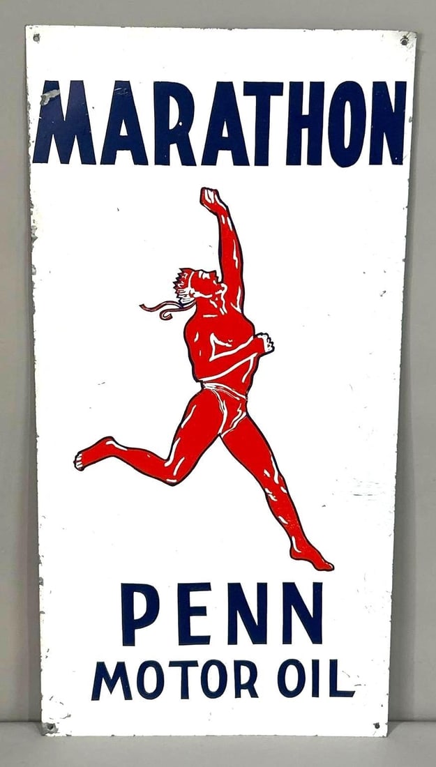 Marathon Penn Motor Oil Metal Sign (TAC): (Rated 8). 12" x 24". This SST sign has fair color throughout. Sign shows light paint loss in the field and more moderate loss on the edges. Rarity 4. TAC # 047166.