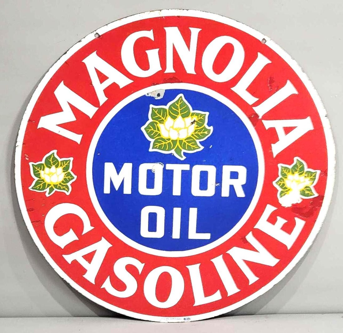 Magnolia Gasoline Motor Oil w/3-Flower Logo Porcelain Sign (TAC): rated 7.75, 29.5", the DSP sign has good color and gloss, has touched up chips and wear in the field and around the perimeter, marked Veribrite. Rarity 3. TAC #036622