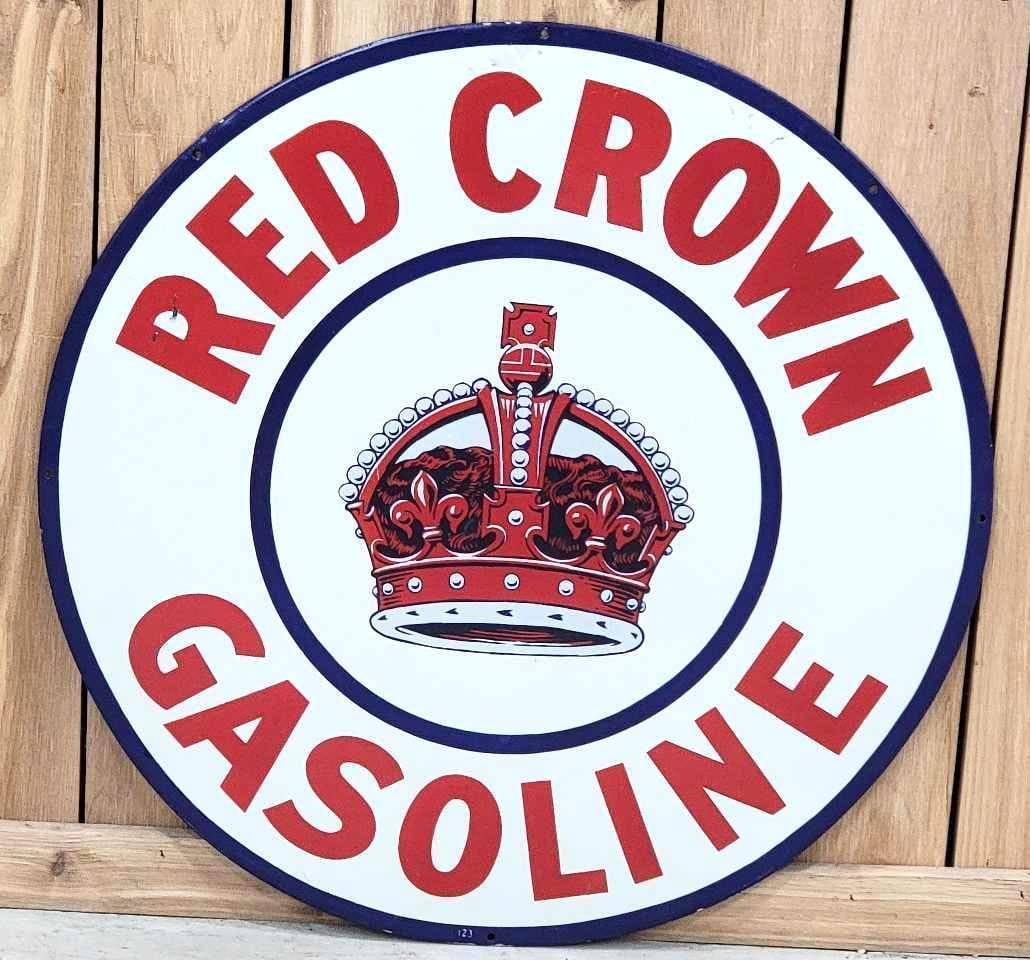 Red Crown Gasoline w/Logo Porcelain Sign (restored): 30"D., has been restored.