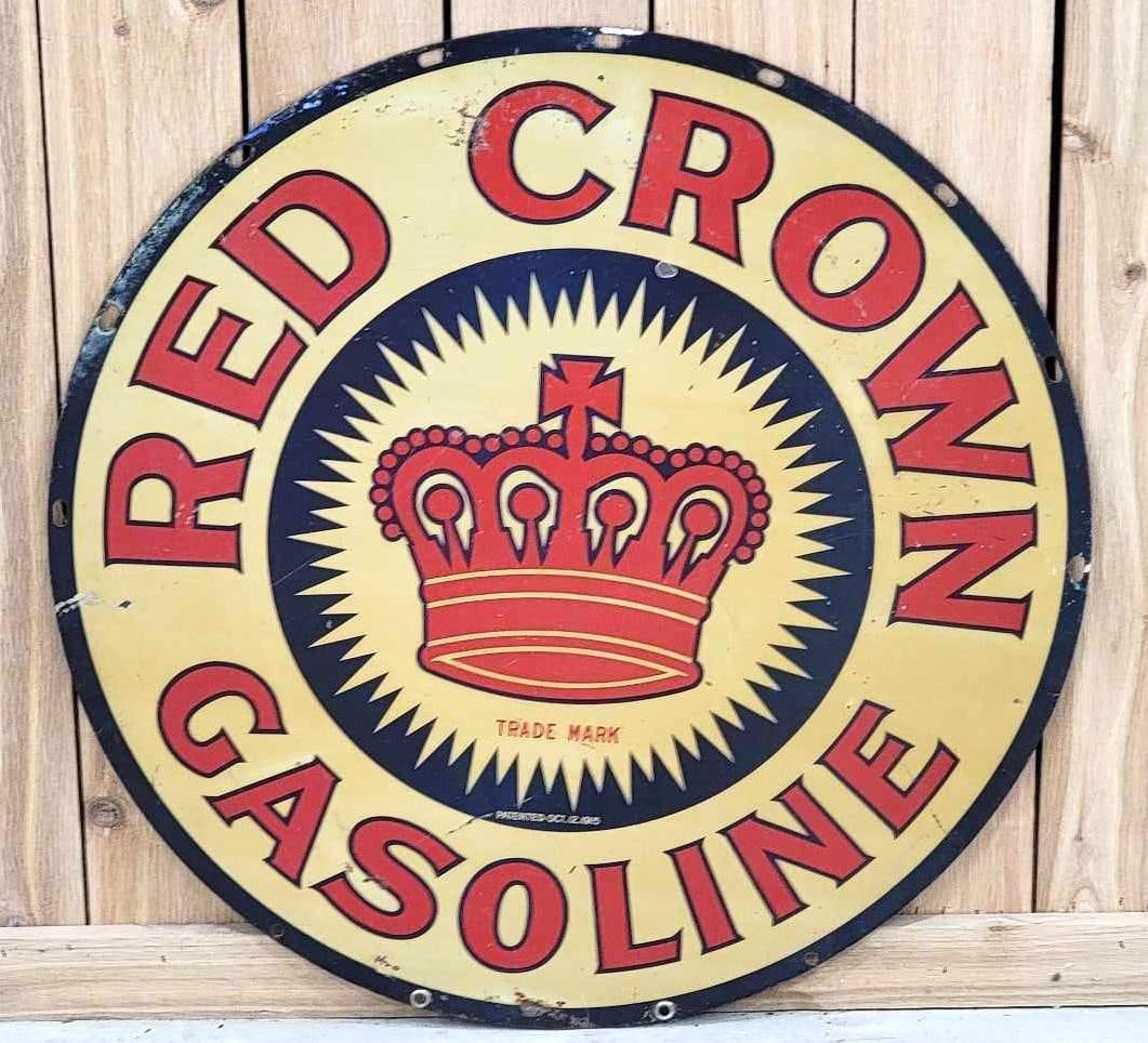 Red Crown Gasoline w/Logo Metal Sign (cleared): 30"D., the DST sign has been clear coated.
