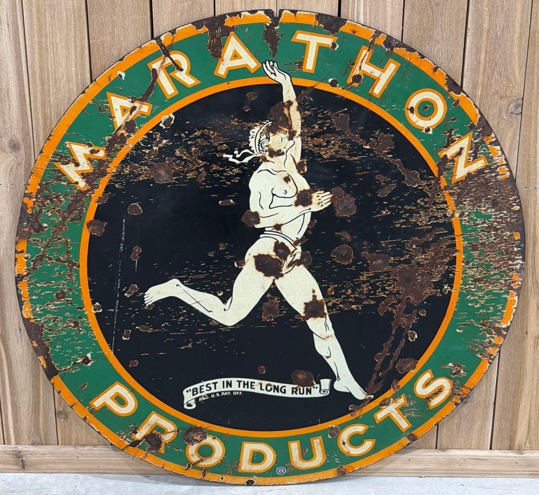 Marathon "Best in the Long Run" w/Runner Porcelain Sign (48) (TAC) (1 of 4)